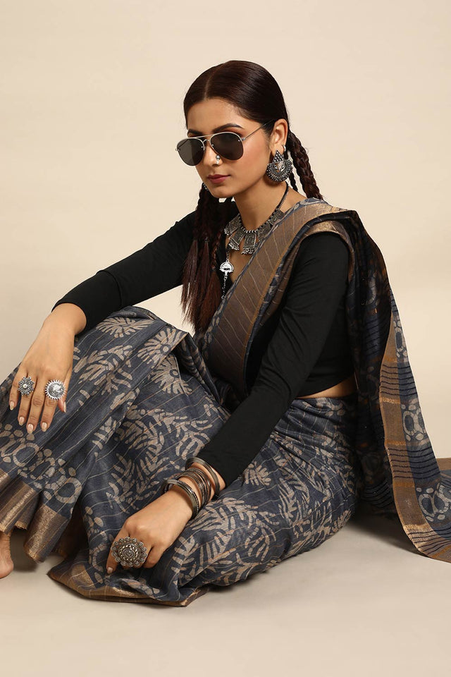 Grey Art Silk Floral Saree