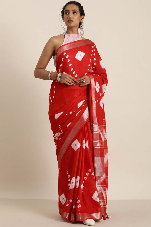 Cotton Blend Bandhani Saree In Red