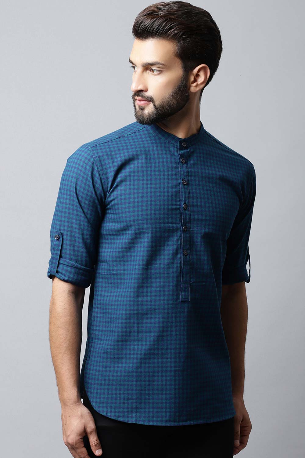 Men's Dark Blue Checks Full Sleeve Short Kurta Top
