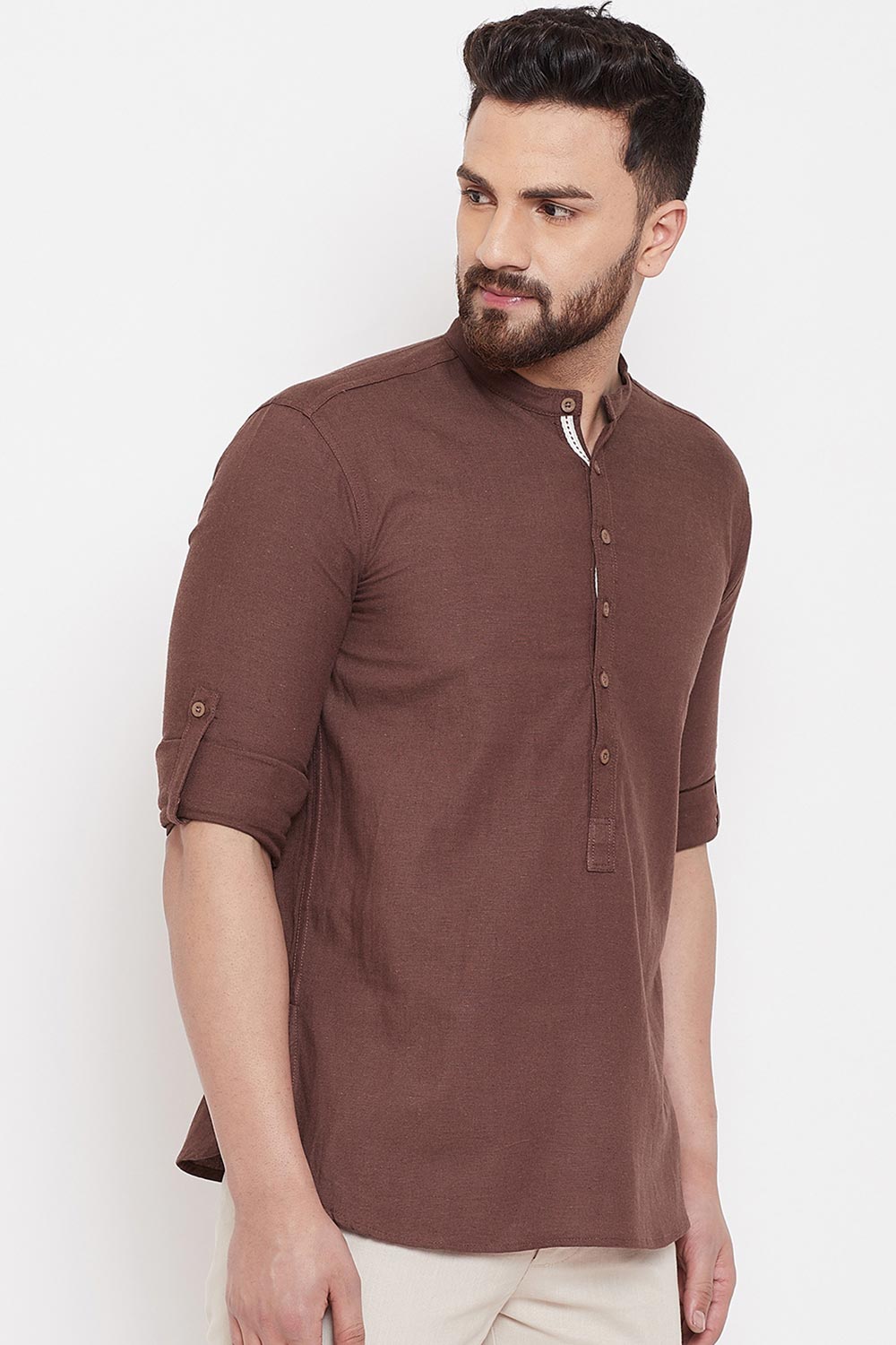 Buy Blended Cotton Solid Kurta in Dark Brown Online - Side