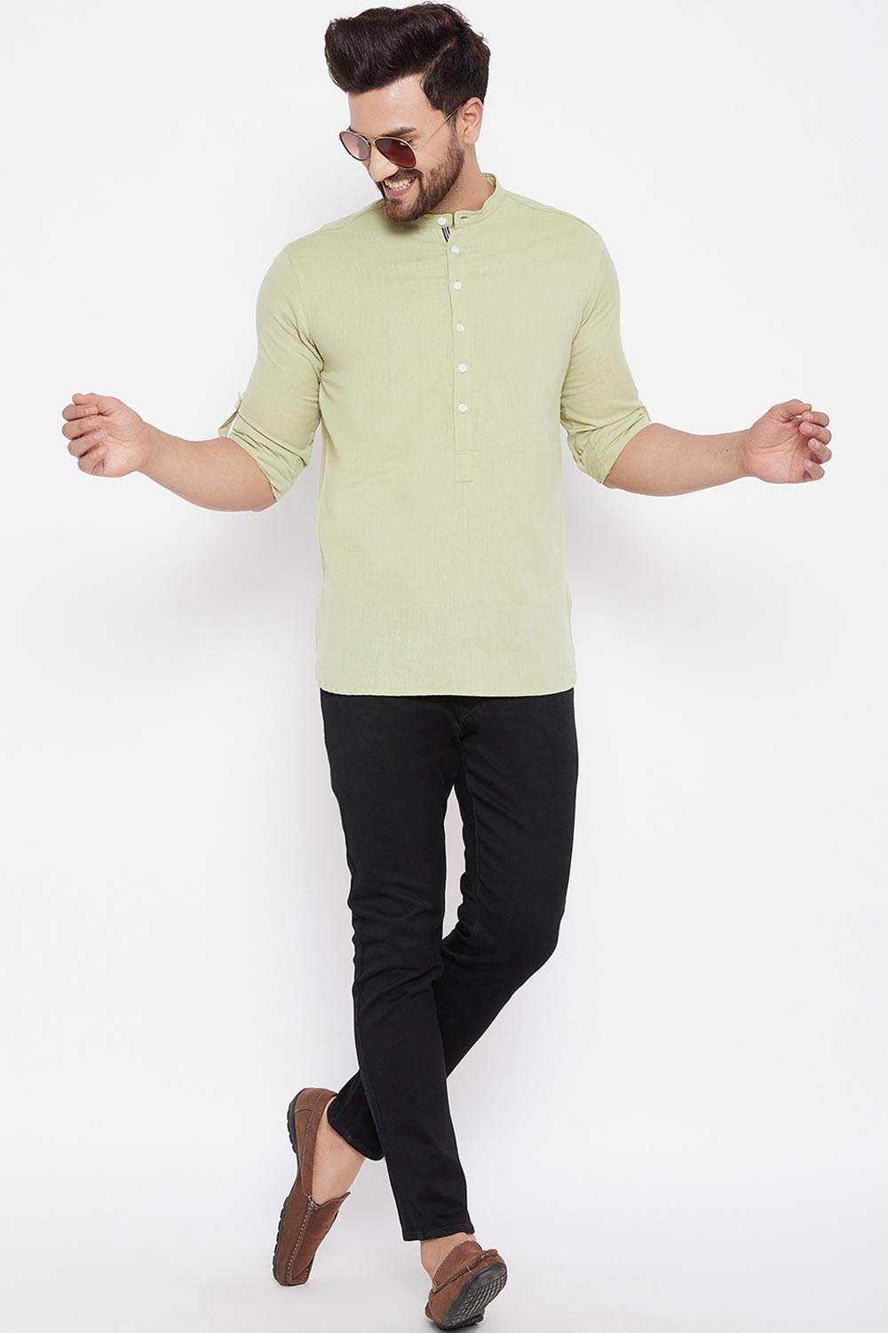 Buy Linen Solid Kurta in Green Online - Back