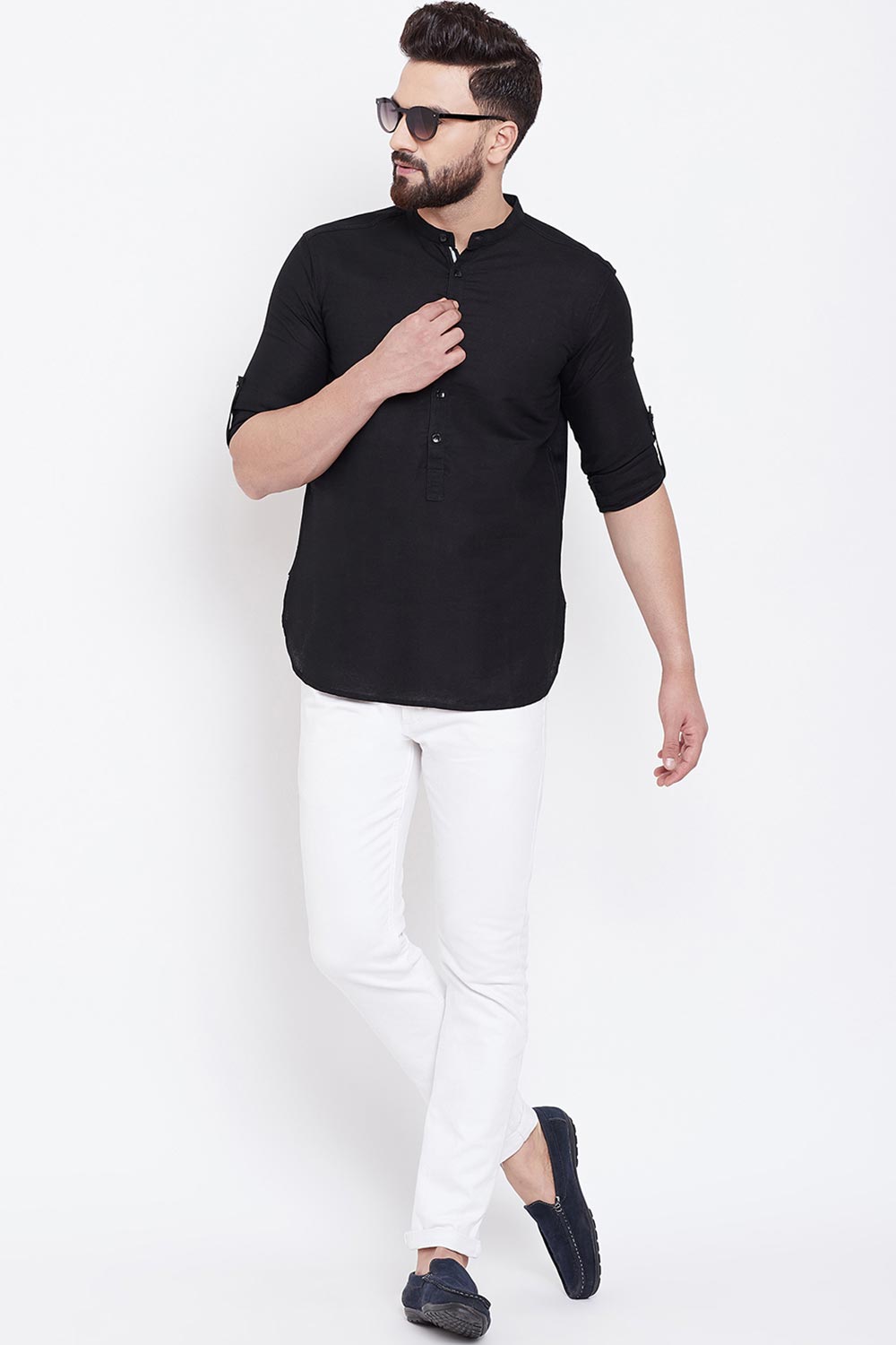 Shop Men's Solid Short Kurta in Black
