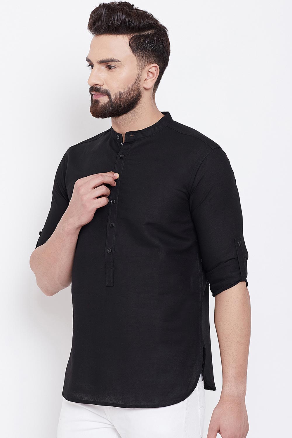 Buy Men's Linen Short Kurta in Black