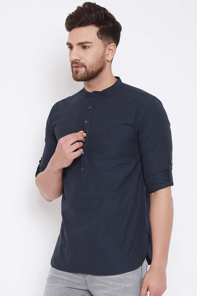 Buy Men's Blended Cotton Short Kurta in Navy Blue