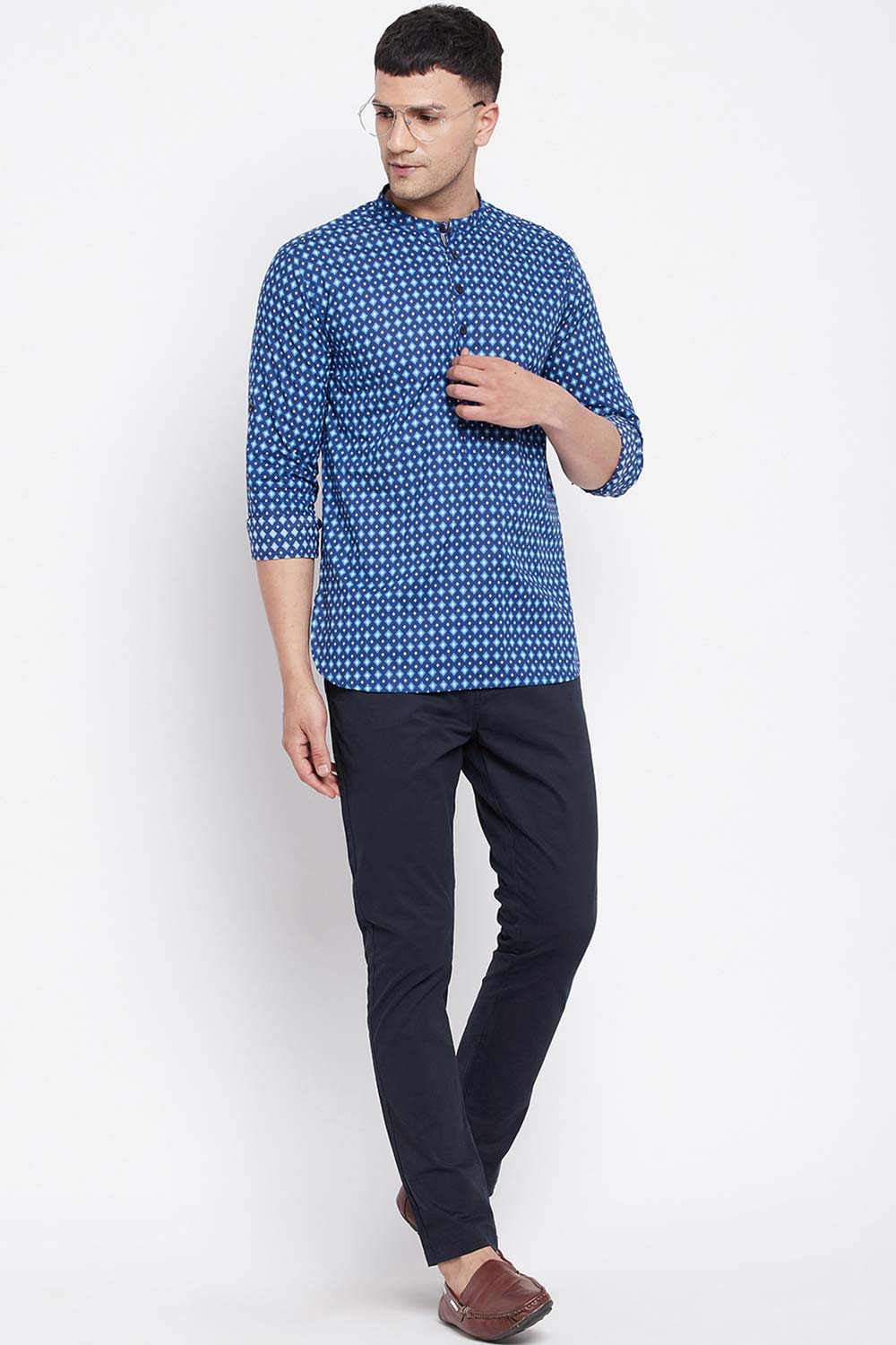 Buy Men's Pure Cotton Abstract Printed Short Kurta in Navy Blue - Front