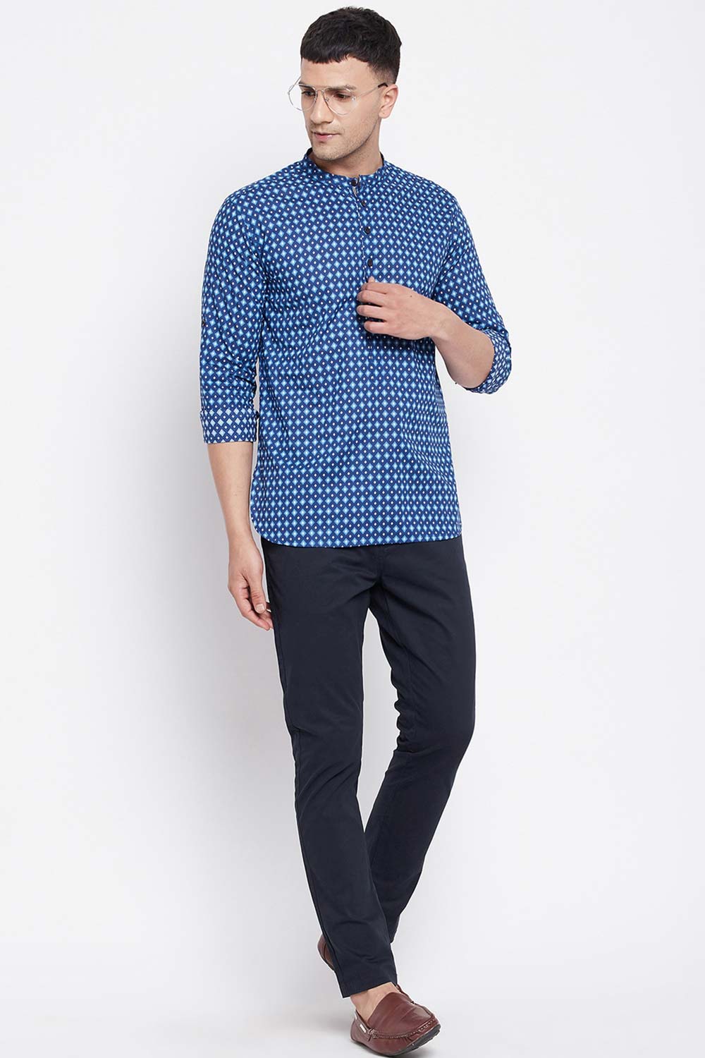 Buy Men's Pure Cotton Abstract Printed Short Kurta in Navy Blue - Back