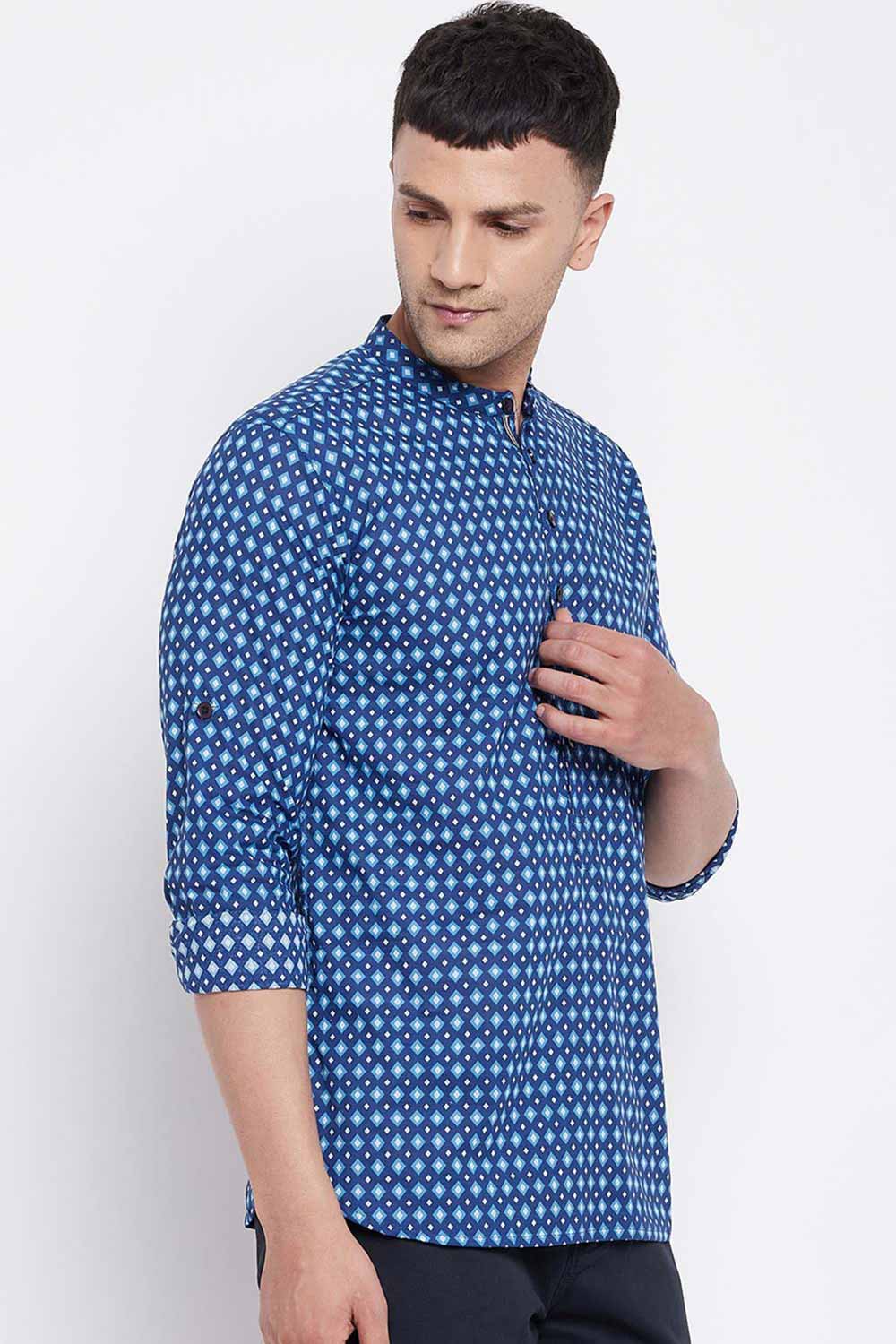 Buy Men's Pure Cotton Abstract Printed Short Kurta in Navy Blue - Side