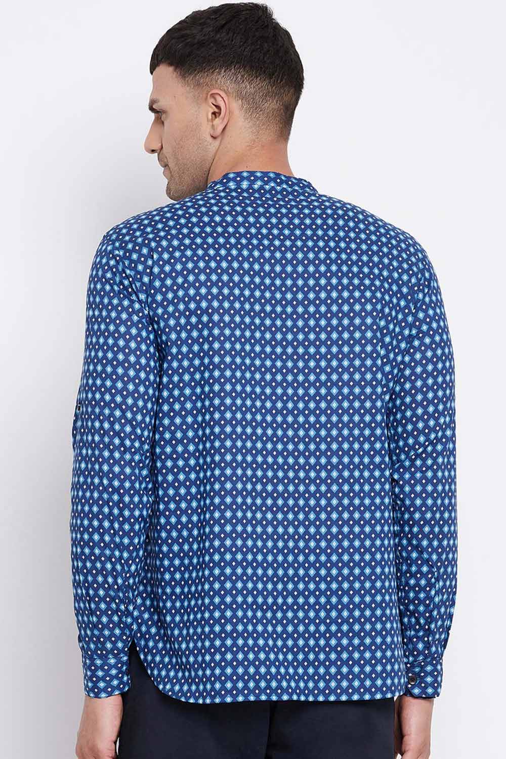 Buy Men's Pure Cotton Abstract Printed Short Kurta in Navy Blue - Zoom in