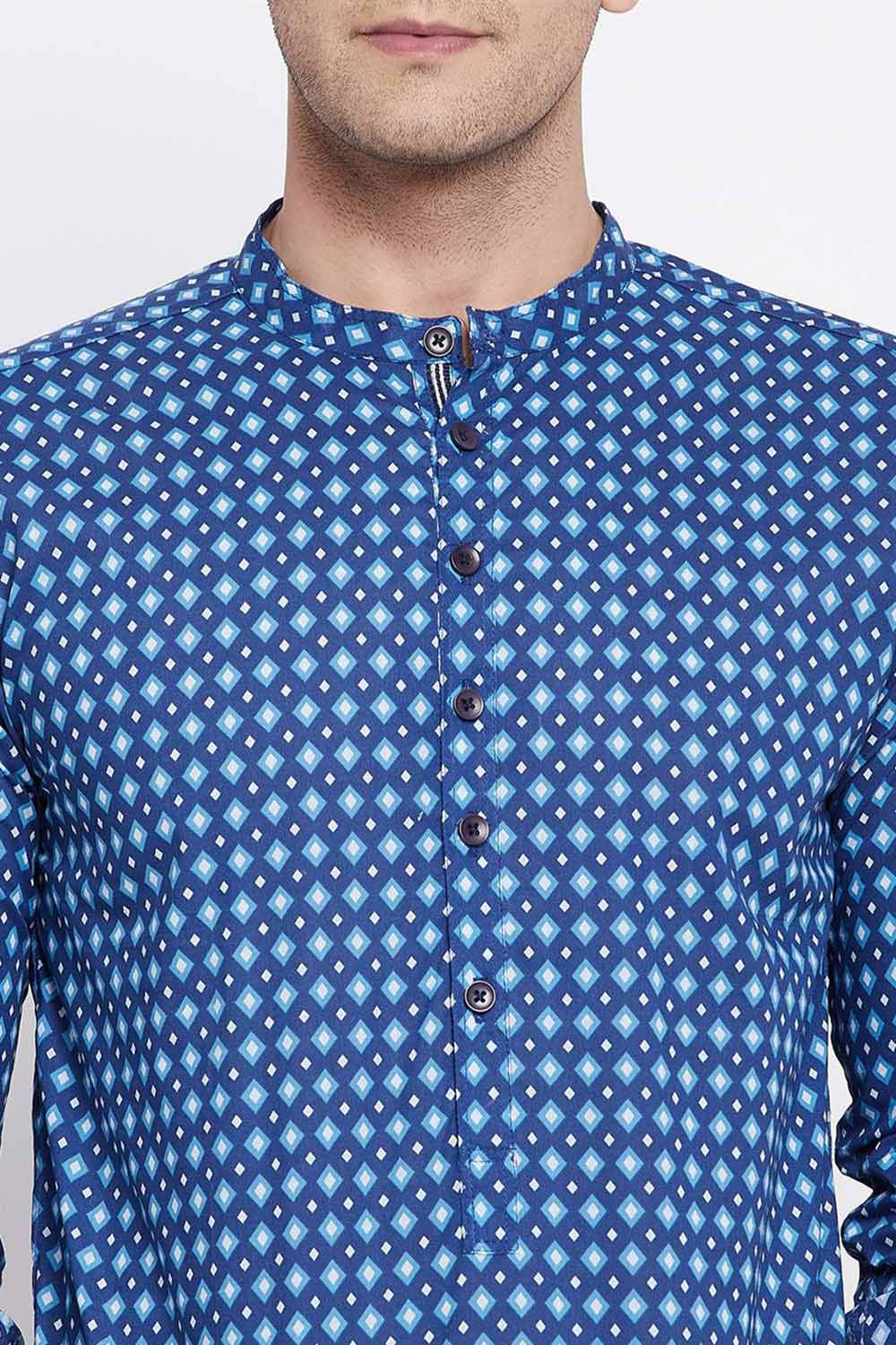 Buy Men's Pure Cotton Abstract Printed Short Kurta in Navy Blue - Zoom Out