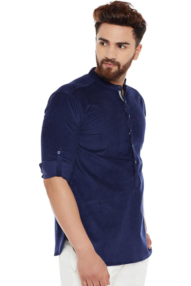 Buy Blended Cotton Solid Kurta in Navy Blue Online - Side