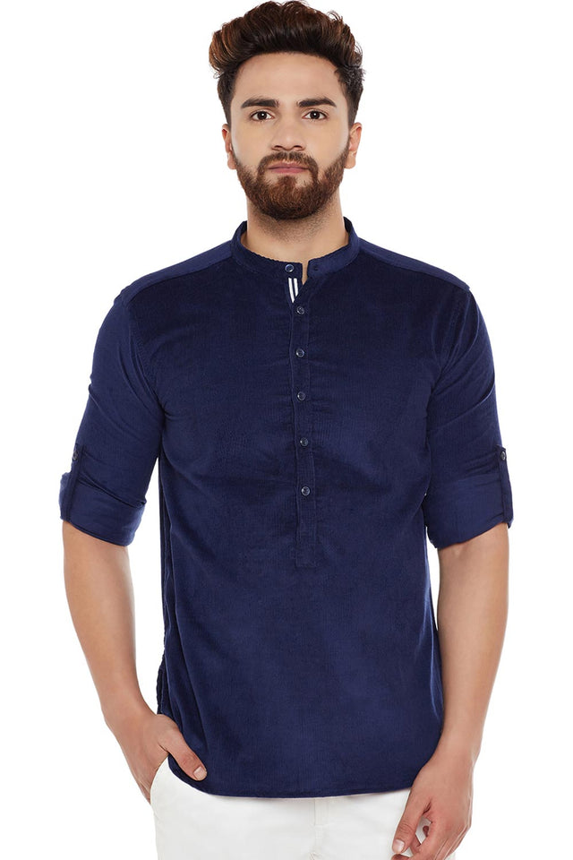 Buy Blended Cotton Solid Kurta in Navy Blue Online