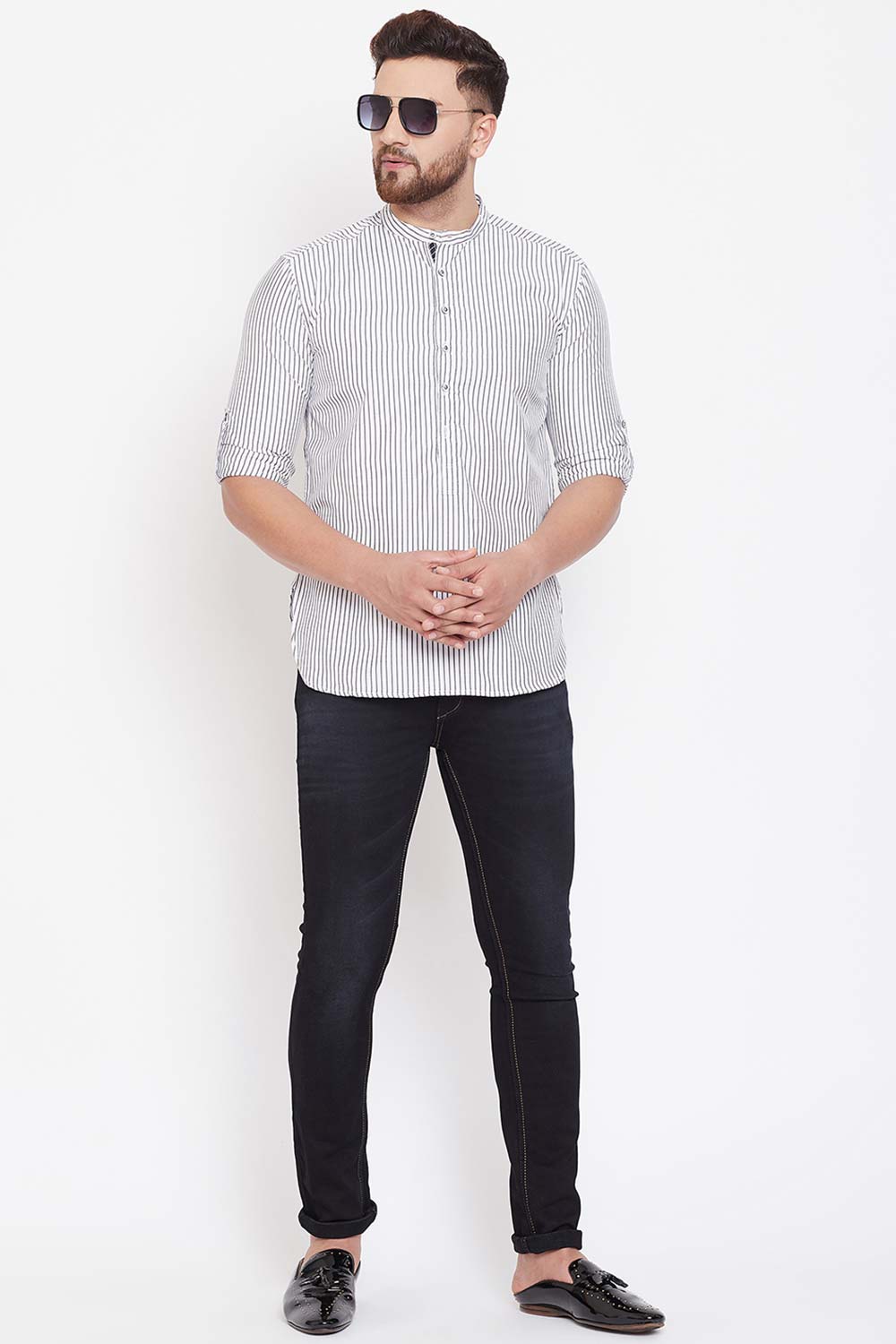 Buy Blended Cotton Striped Kurta in White Online - Back