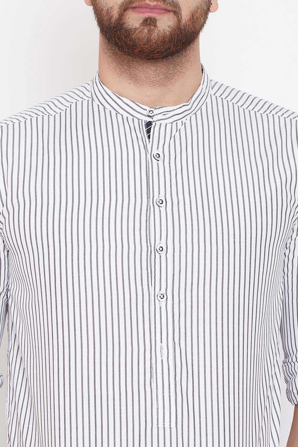 Buy Blended Cotton Striped Kurta in White Online - Zoom Out