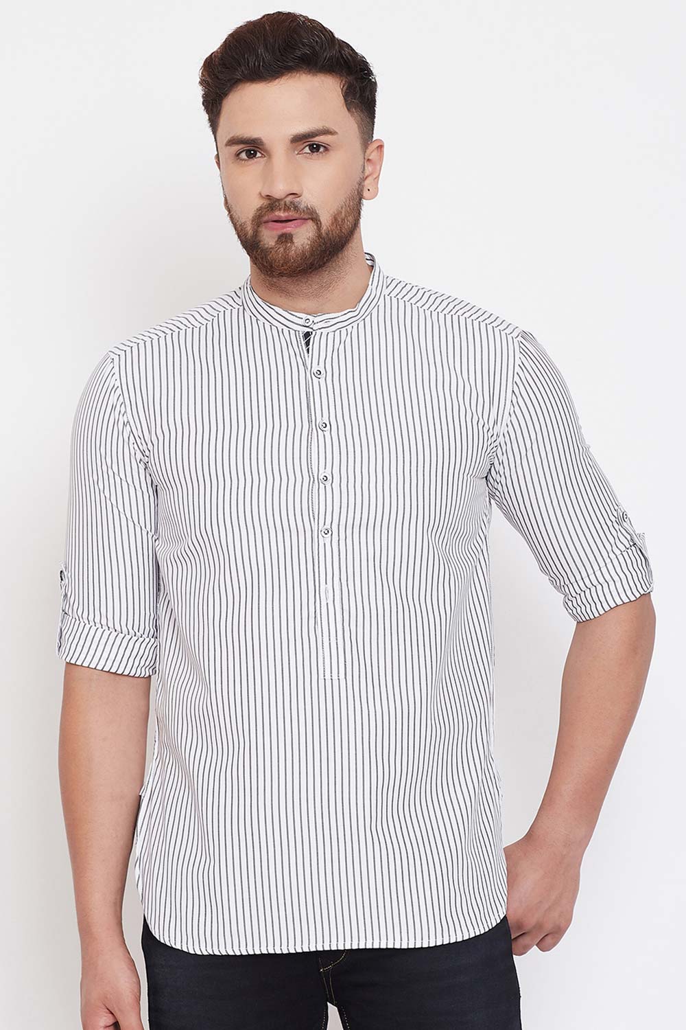 Buy Blended Cotton Striped Kurta in White Online