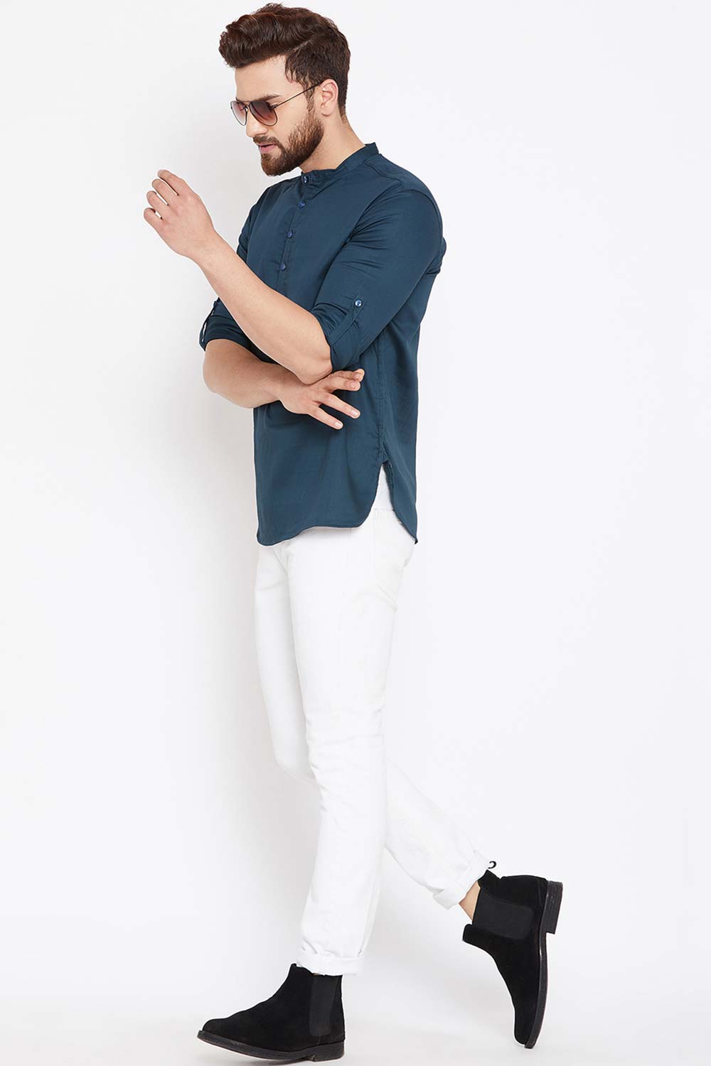 Buy Blended Cotton Solid Kurta in Navy Blue Online - Back