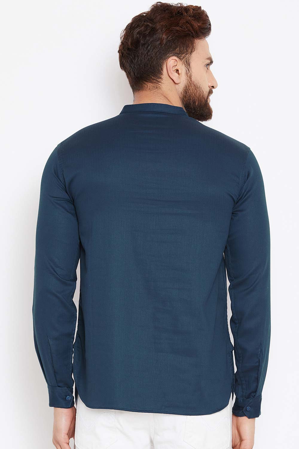 Buy Blended Cotton Solid Kurta in Navy Blue Online - Zoom In