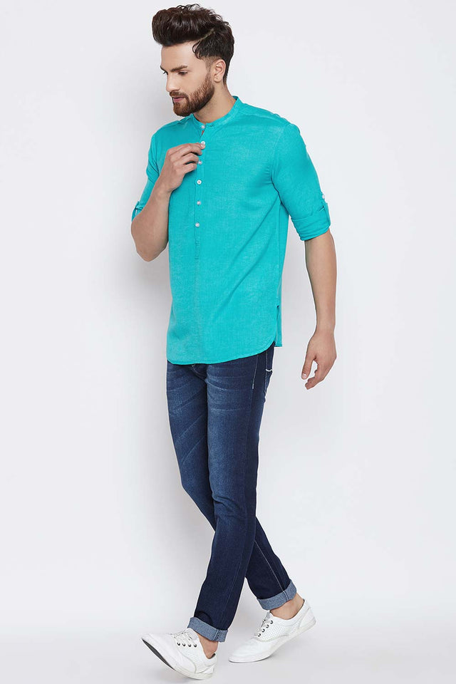 Shop Men's Solid Short Kurta in Sky Blue