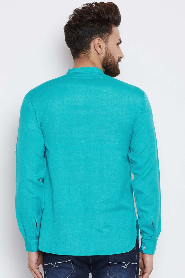 Buy Men's Cotton Solid Short Kurta in Sky Blue