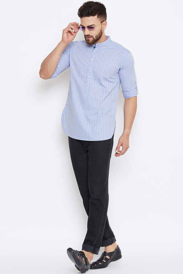Buy Blended Cotton Striped Kurta in Blue Online - Back