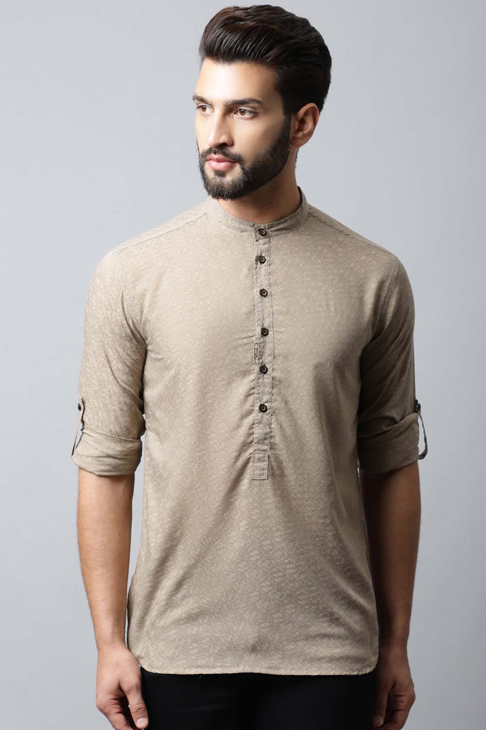 Men's Light Beige Solid Full Sleeve Short Kurta Top (TK-SLD072-BGC)