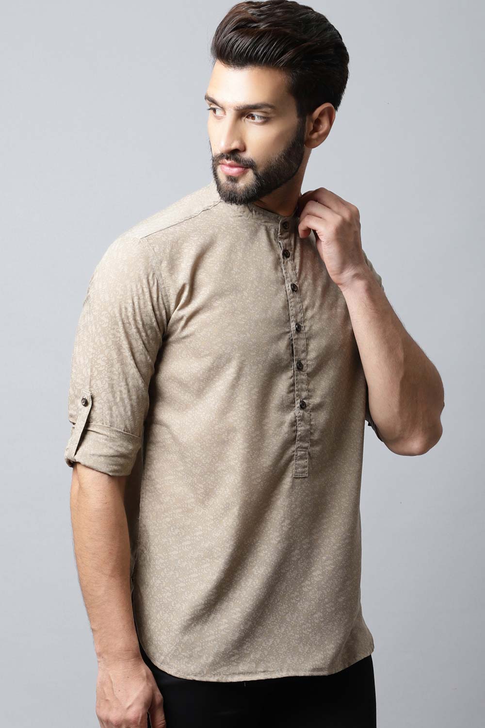 Men's Light Beige Solid Full Sleeve Short Kurta Top (TK-SLD072-BGC)