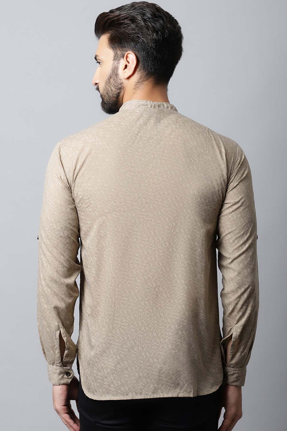 Men's Light Beige Solid Full Sleeve Short Kurta Top (TK-SLD072-BGC)