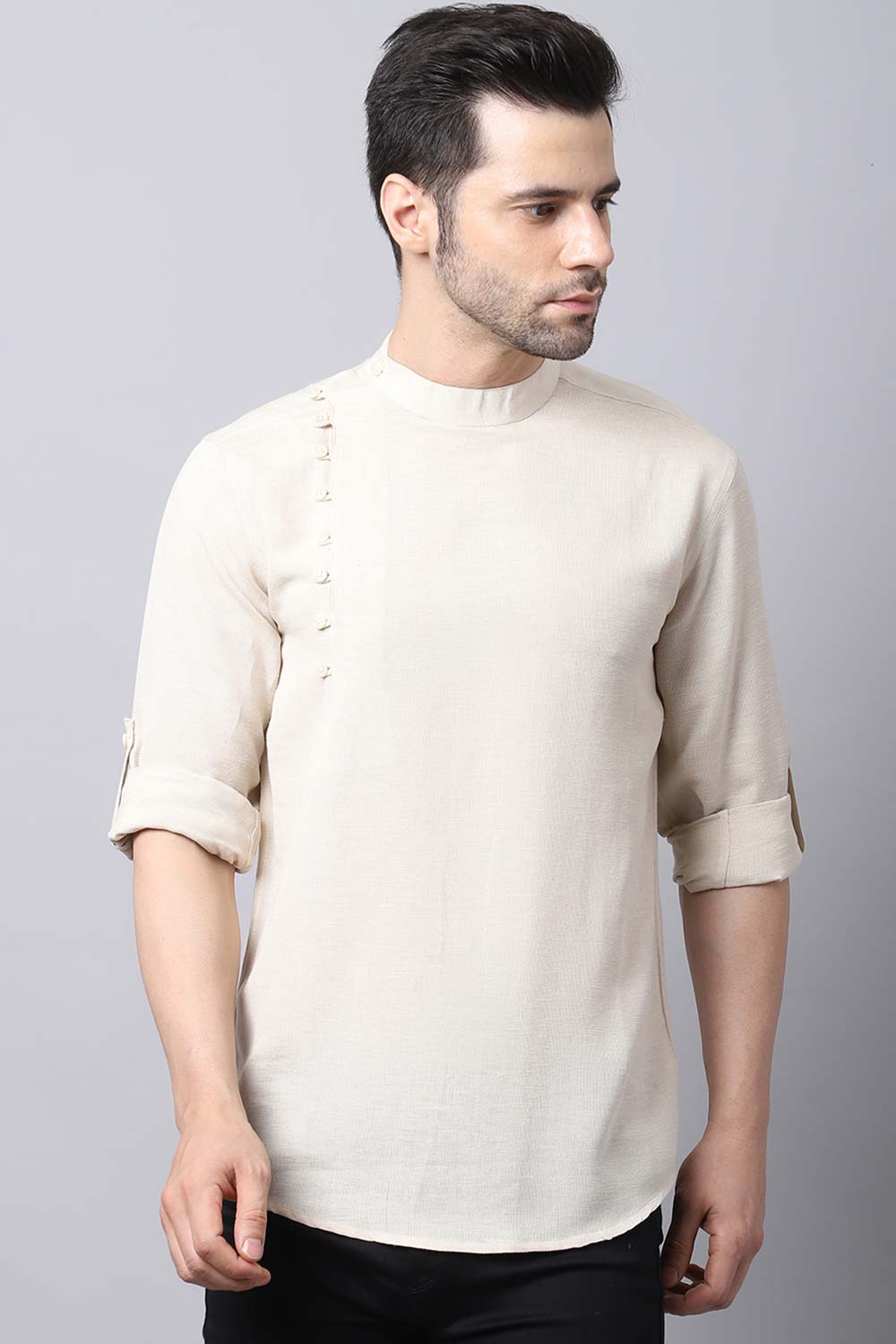 Men's Light Cream Solid Full Sleeve Short Kurta Top