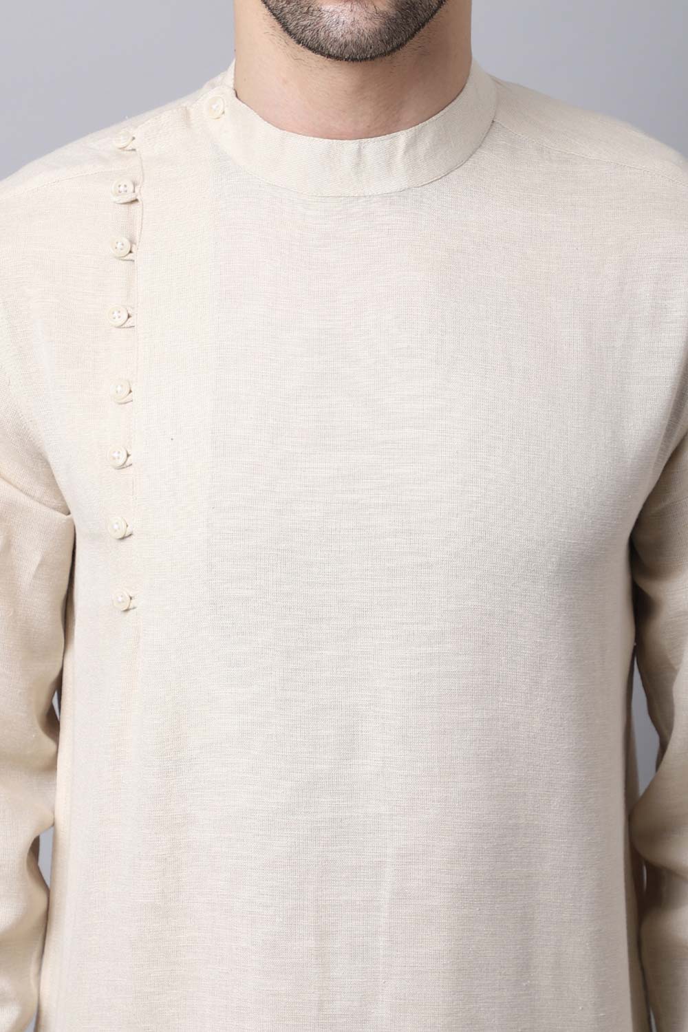 Men's Light Cream Solid Full Sleeve Short Kurta Top