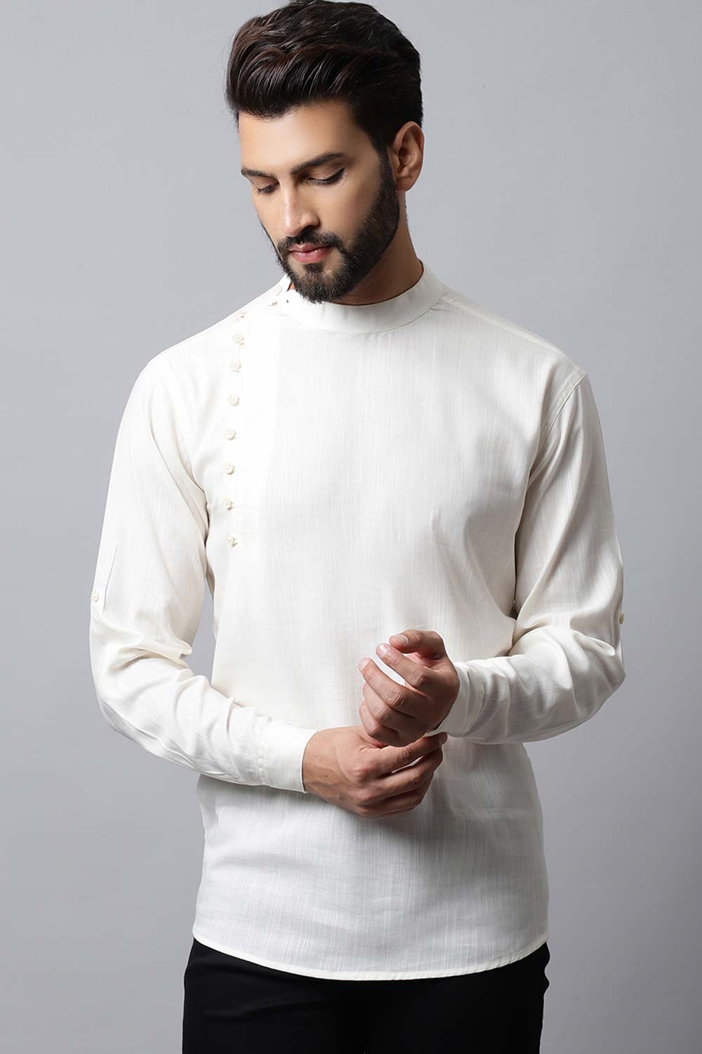 Men's Light White Solid Full Sleeve Short Kurta Top