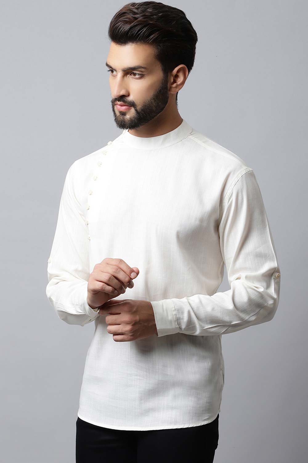 Men's Light White Solid Full Sleeve Short Kurta Top