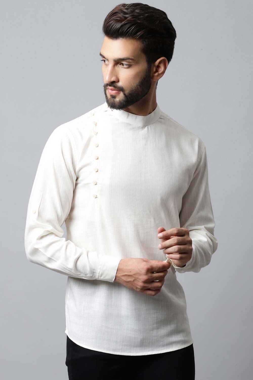 Men's Light White Solid Full Sleeve Short Kurta Top