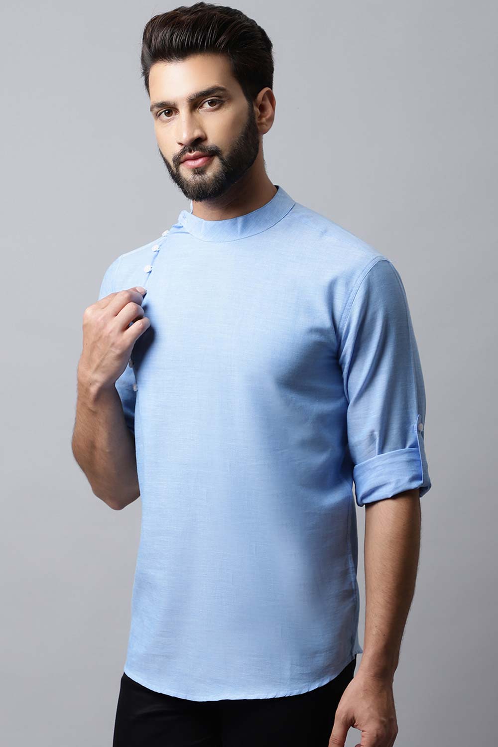 Men's Light Blue Solid Full Sleeve Short Kurta Top