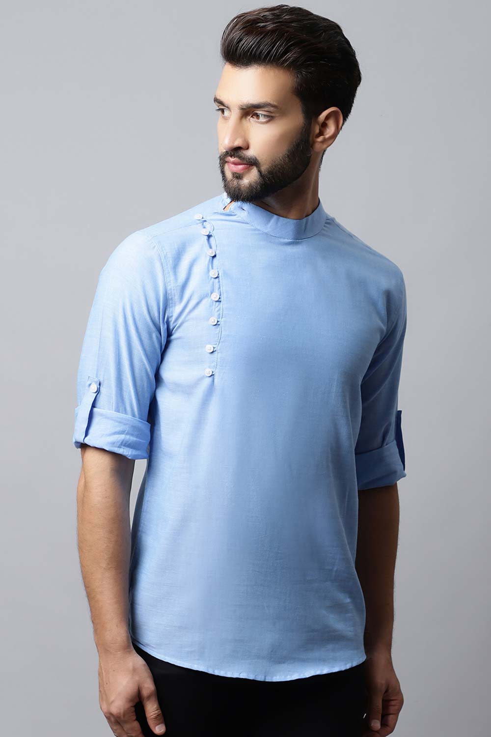 Men's Light Blue Solid Full Sleeve Short Kurta Top