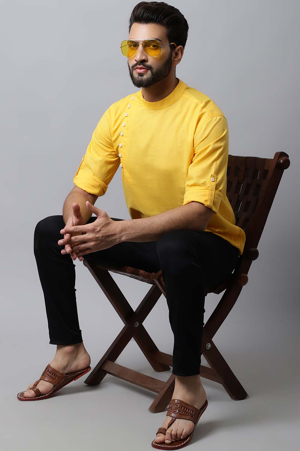 Men's Light Yellow Solid Full Sleeve Short Kurta Top