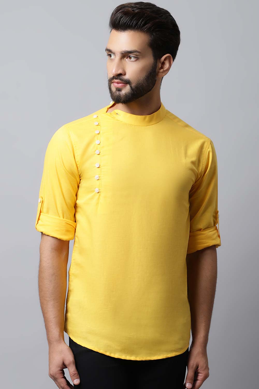 Men's Light Yellow Solid Full Sleeve Short Kurta Top