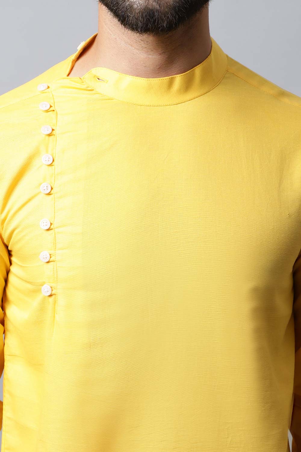 Men's Light Yellow Solid Full Sleeve Short Kurta Top