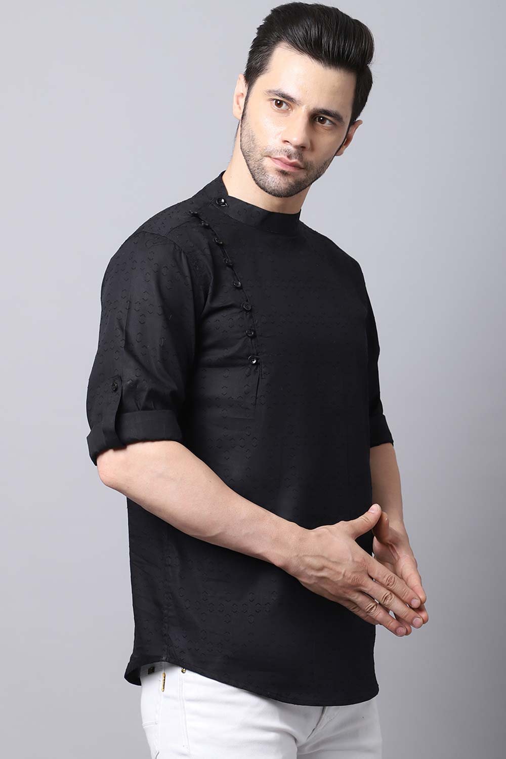 Men's Dark Black Solid Full Sleeve Short Kurta Top