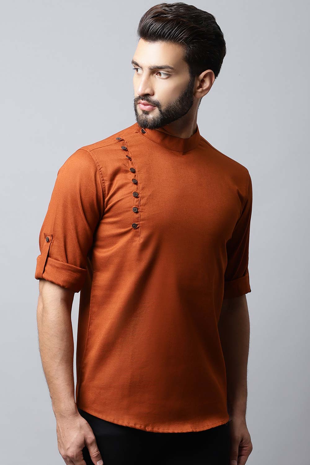 Men's Dark Brown Solid Full Sleeve Short Kurta Top