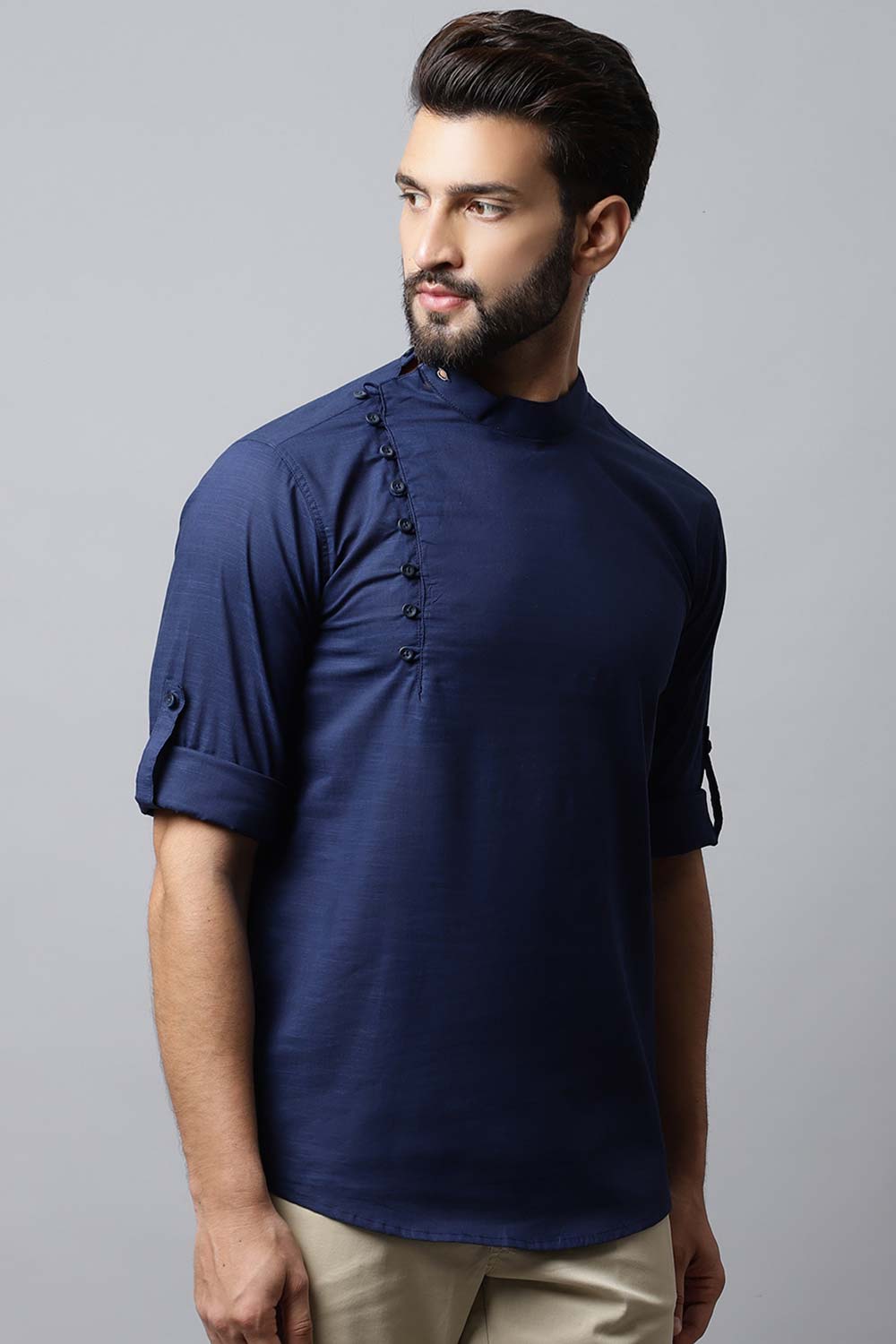 Men's Dark Blue Solid Full Sleeve Short Kurta Top