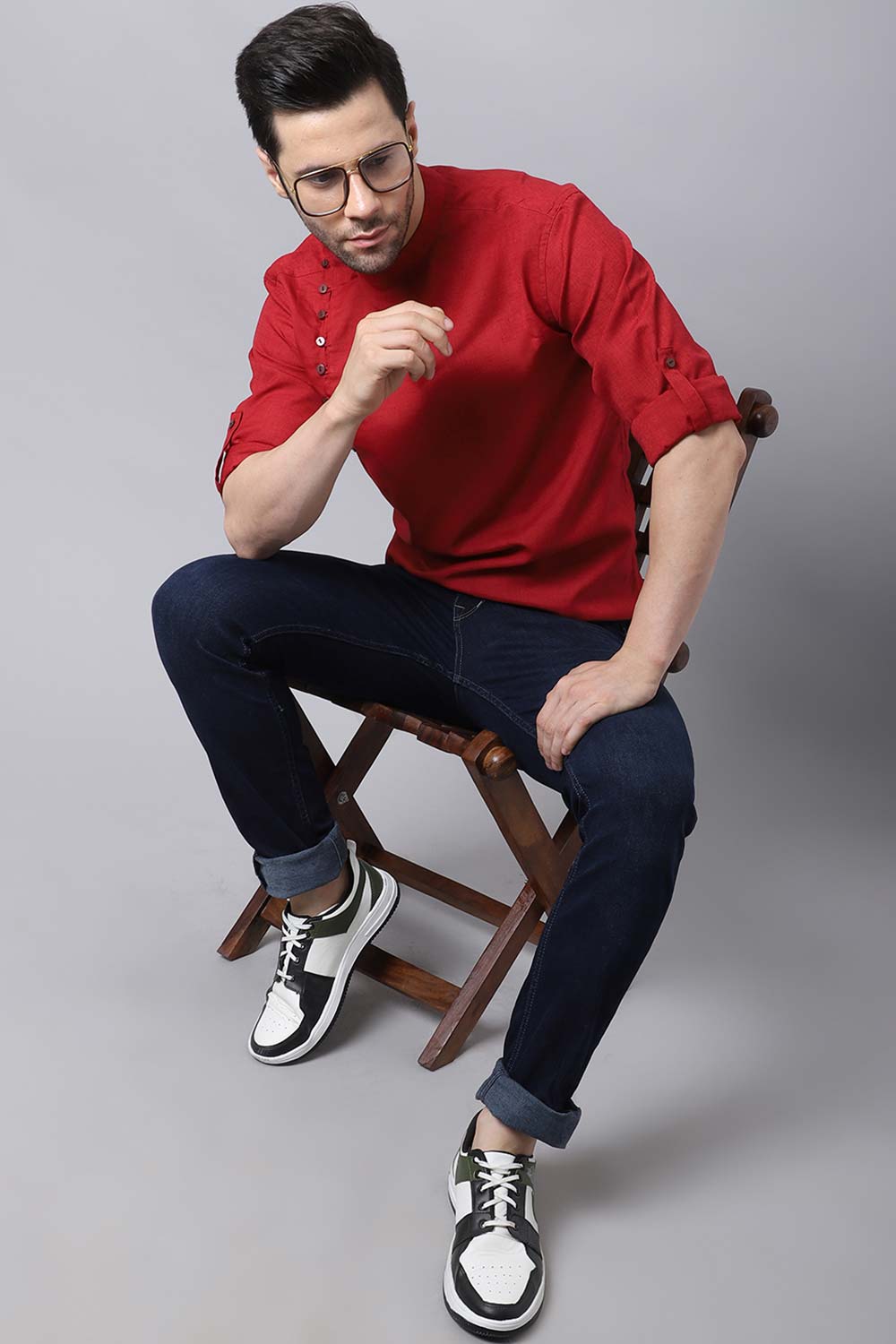 Men's Dark Maroon Indian Full Sleeve Short Kurta Top