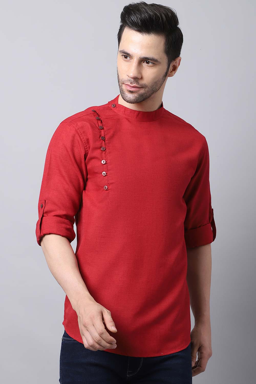 Men's Dark Maroon Indian Full Sleeve Short Kurta Top