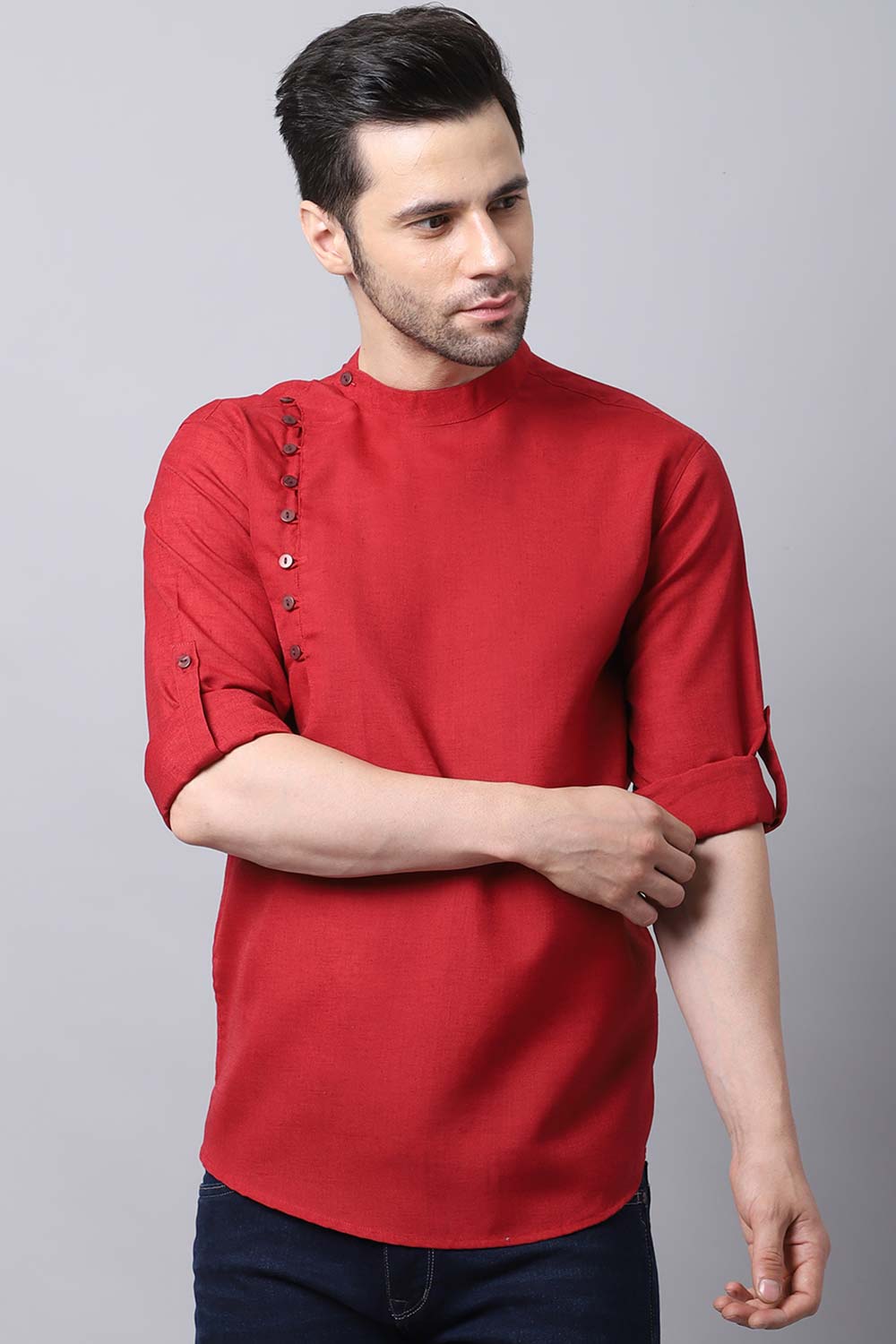 Men's Dark Maroon Indian Full Sleeve Short Kurta Top