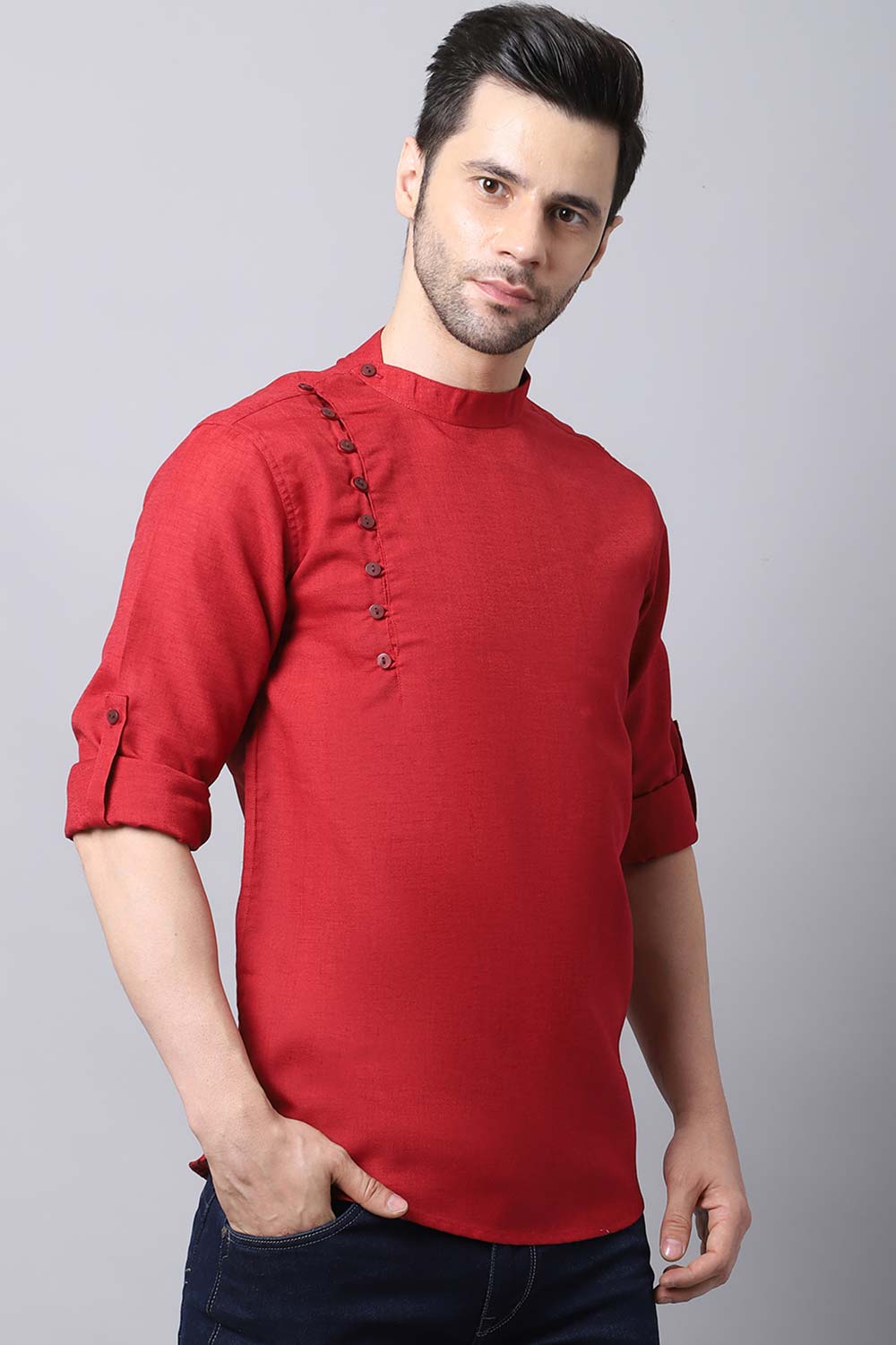 Men's Dark Maroon Indian Full Sleeve Short Kurta Top