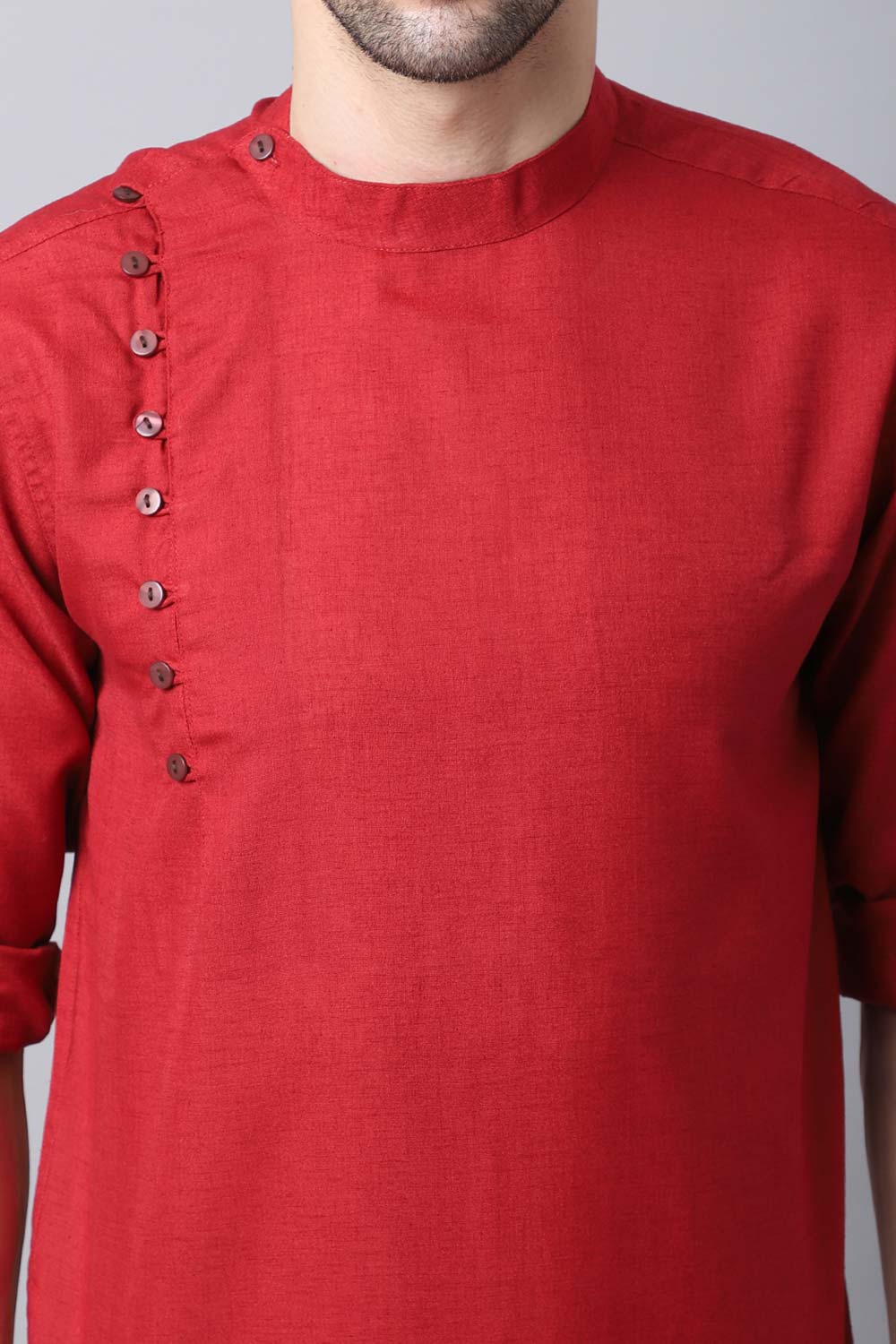 Men's Dark Maroon Indian Full Sleeve Short Kurta Top