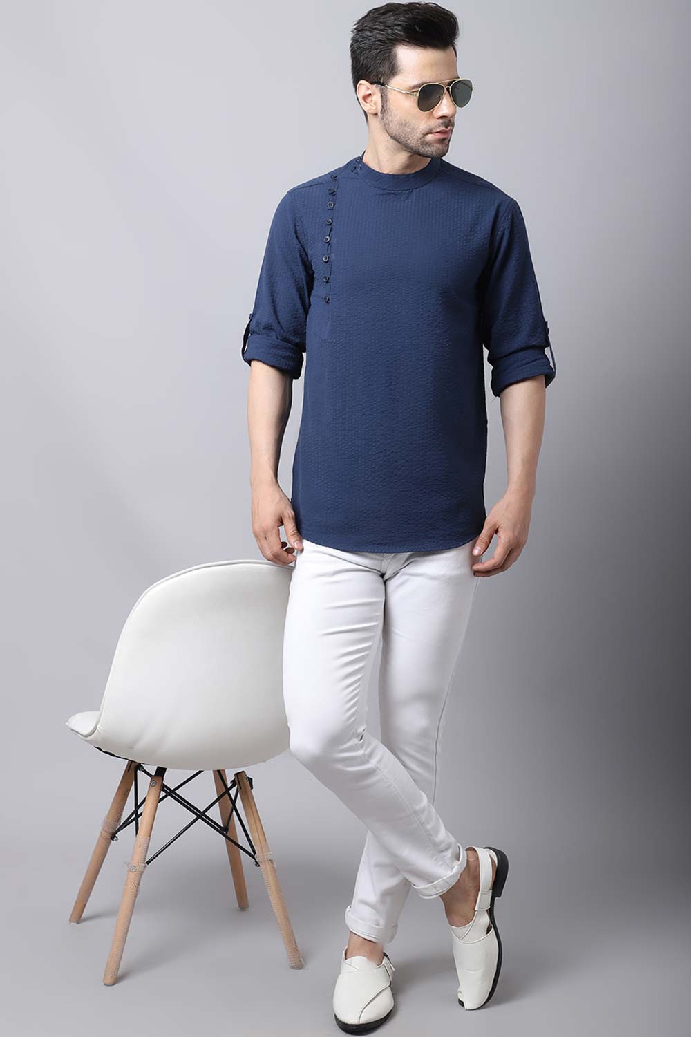 Men's Dark Navy Self-Design Full Sleeve Short Kurta Top