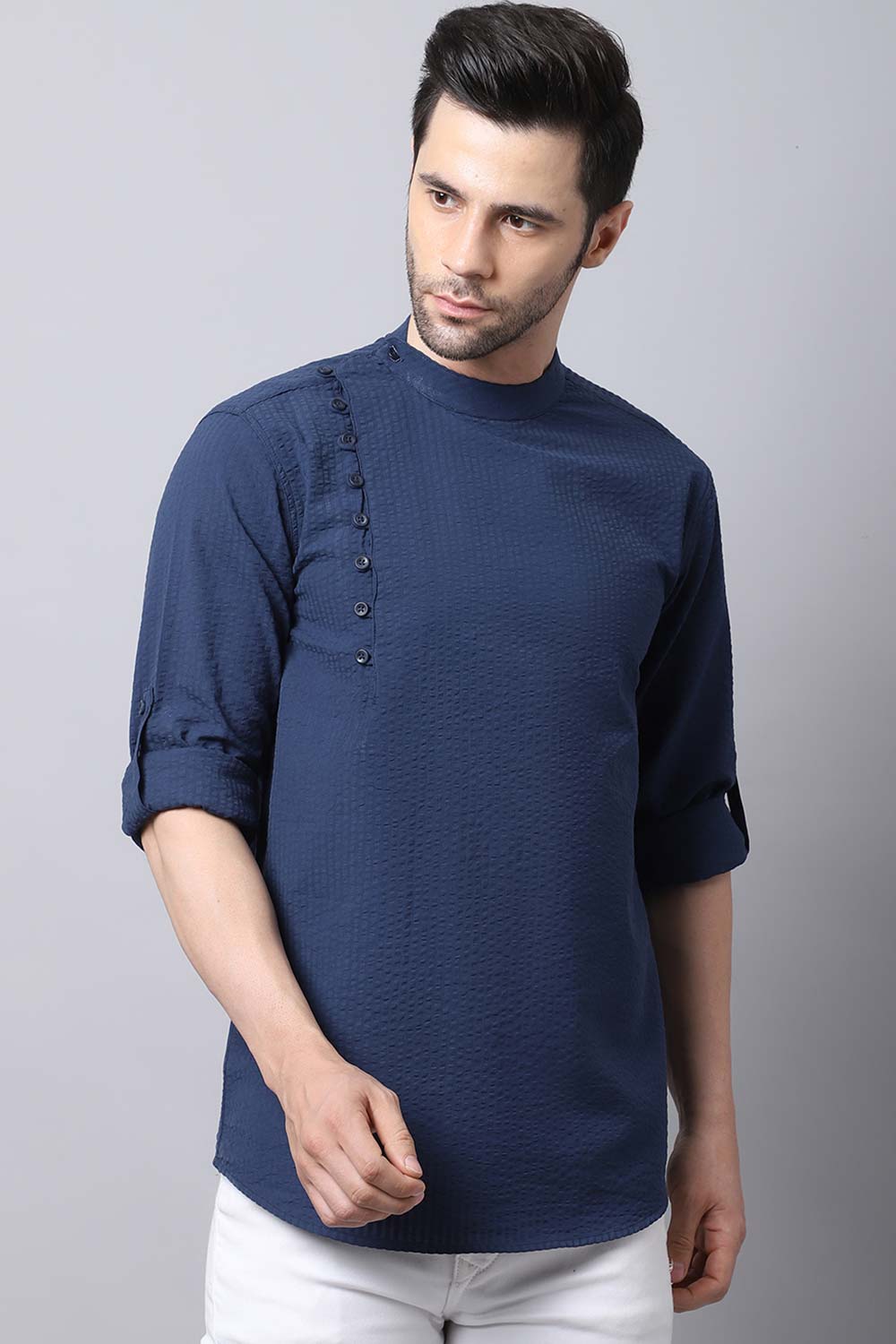 Men's Dark Navy Self-Design Full Sleeve Short Kurta Top