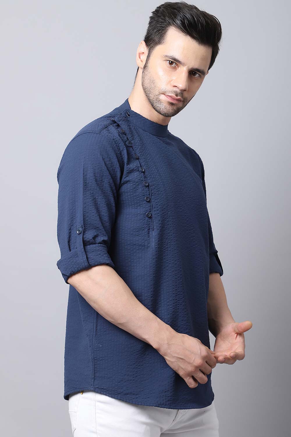 Men's Dark Navy Self-Design Full Sleeve Short Kurta Top