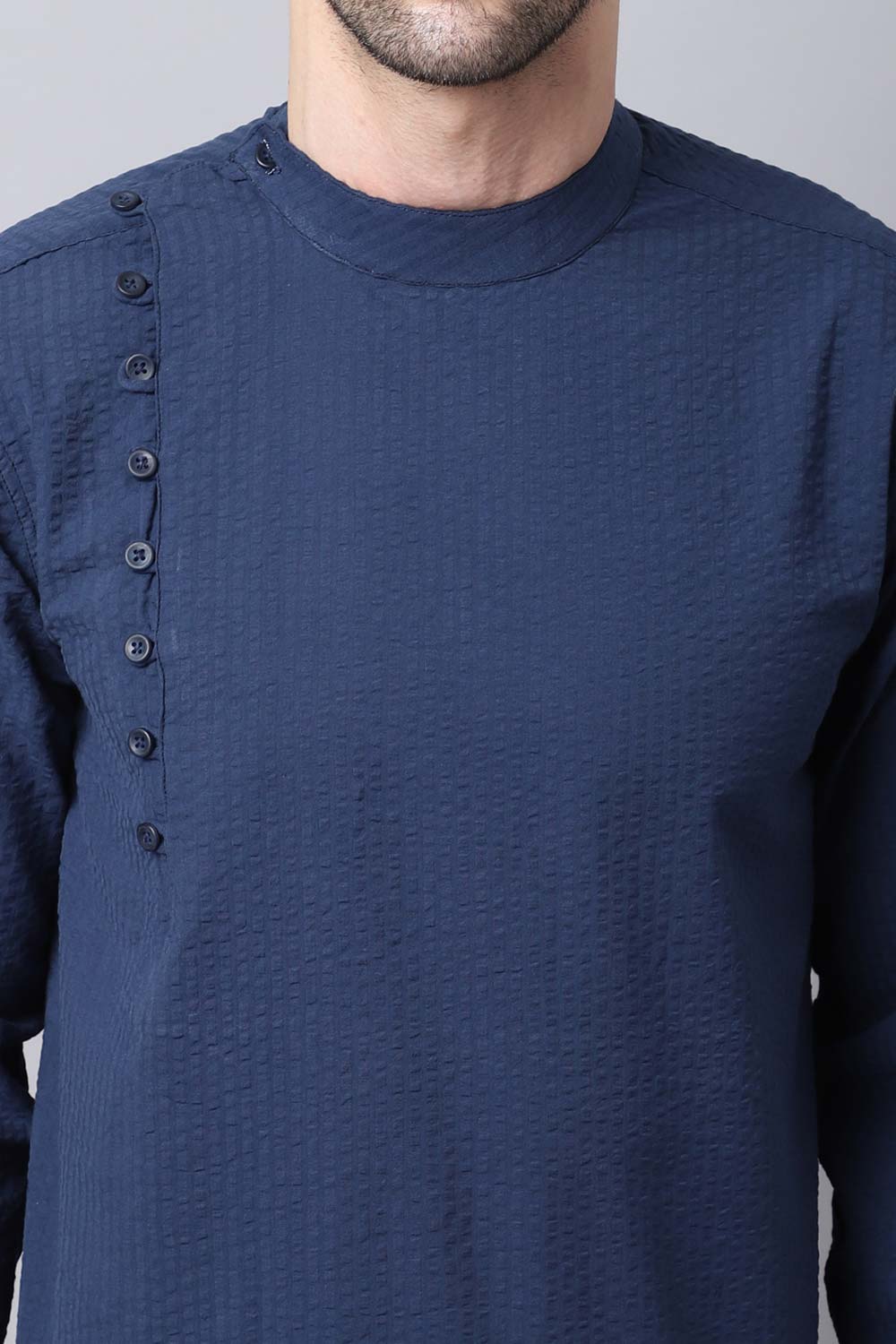 Men's Dark Navy Self-Design Full Sleeve Short Kurta Top