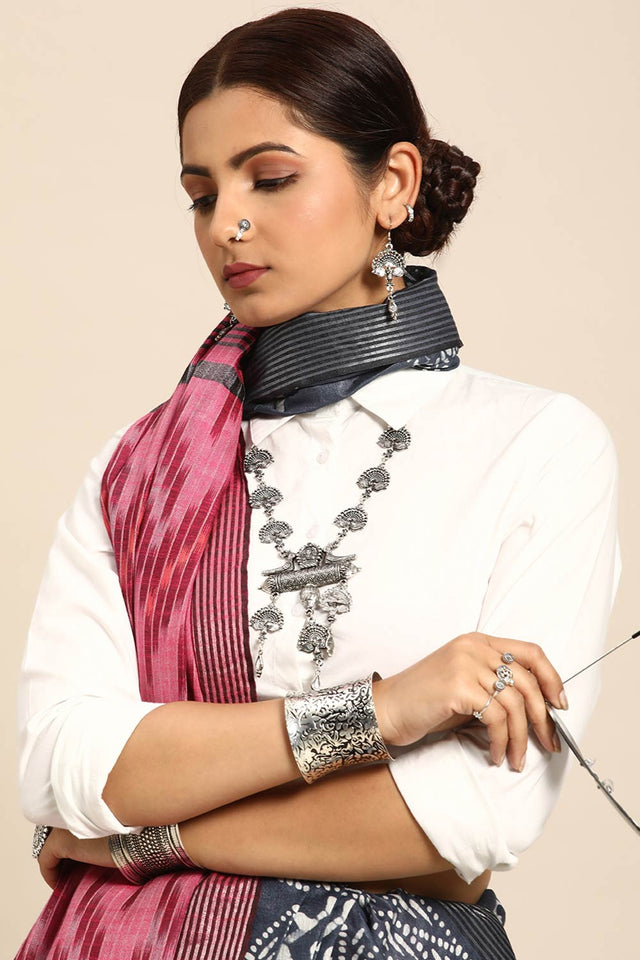 Grey Cotton Block Saree