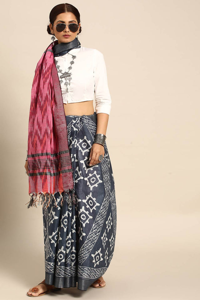 Grey Cotton Block Saree